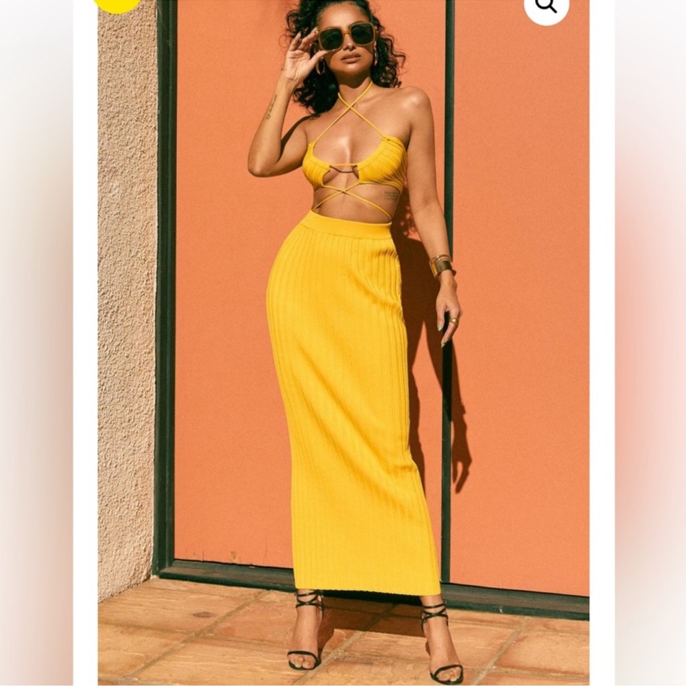 Meshki Skirts Crystal Ribbed Midaxi Skirt Yellow
